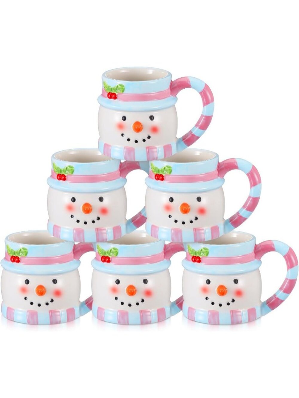 Set of 6 Pink Snowman Christmas Coffee Mugs - 11oz Ceramic Holiday Drinkware